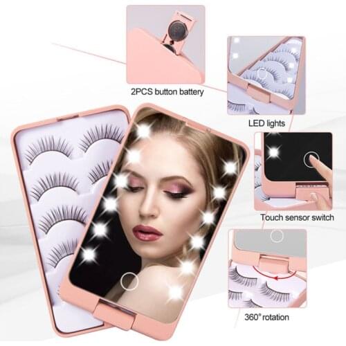 Pocket mirror foldingled makeup mirror false eyelashes with five pairs of eyelashesset portable storage box Christmas Gift