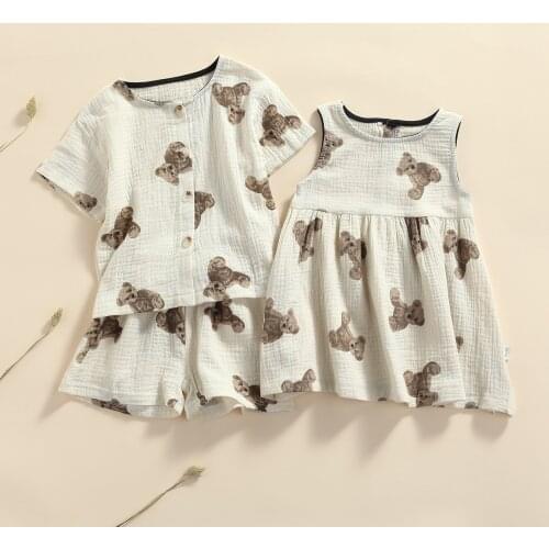 2021 0-4Y Sister Brother Matching Kids Baby Boy Girl Clothes Bears Button Short Sleeve Top+Shorts/Dress Summer Cotton Linen 2pcs