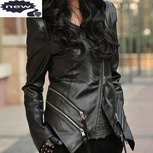 Ladies Fashion Long Sleeve Slim Fit Zipper Asymmetrical Jackets High Quality O-Neck Sheepskin Genuine Leather Coats Plus Size