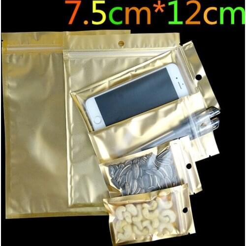 Small 7.5*12cm Golden / Clear Self Seal Zipper Plastic Retail Packaging Pack Bag Zip Lock Storage Bag Package With Hang Hole