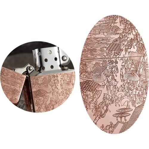 Copper lighter windproof five-sided deep carving Qingming Shanghe map grinding wheel type mens lighters for boyfriend