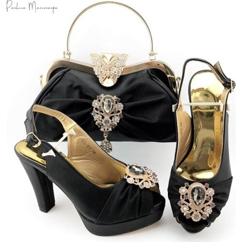 Fashionable African Crystal Style Shoes and Bag Set in Black Color Nigerian Shoes with Matching Bags for Royal Wedding Party