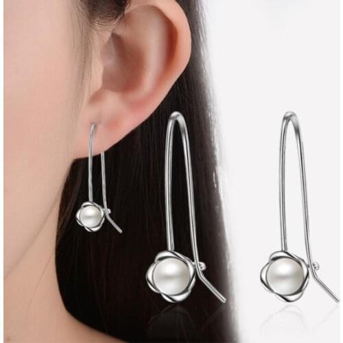 Fashion Temperament Pearl Inlaid Ear Hook 925 Sterling Silver Jewelry Female Hypoallergenic Flower Gift Dangle Earrings SE314
