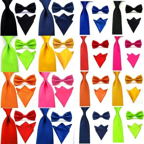 Mens Satin Solid Color Skinny Wide Tie Necktie Bow Tie Pocket Square Ties Set BWSET0301
