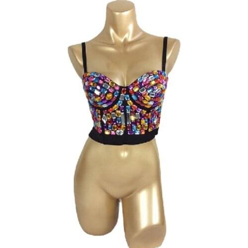 New Punk Style Multi Diamond Burlesque Party Club Bra Push Up Rave Studded Bra Nightclub Bras Clubwear Party Dance Wear 3010