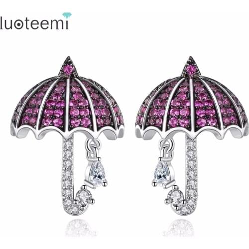 LUOTEEMI New Sweet Jewelry Umbrella Shape Stud Earrings Micro Paved Shining CZ Crystal White Gold Color Brincos for Girl Gift