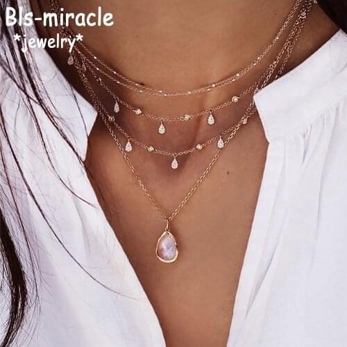 New 2020 Boho Fashion Crystal Pendant Necklaces For Women Vintage Gold Water Drop Opal Necklace Multilayer Female Jewelry Gift
