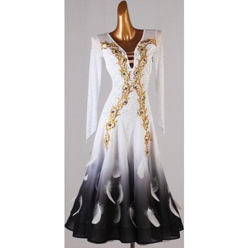 New Shiny Diamond Long Sleeve Feather Big Swing Modern Ballroom Dance Competition Dress National Standard Waltz Clothes DQL4783