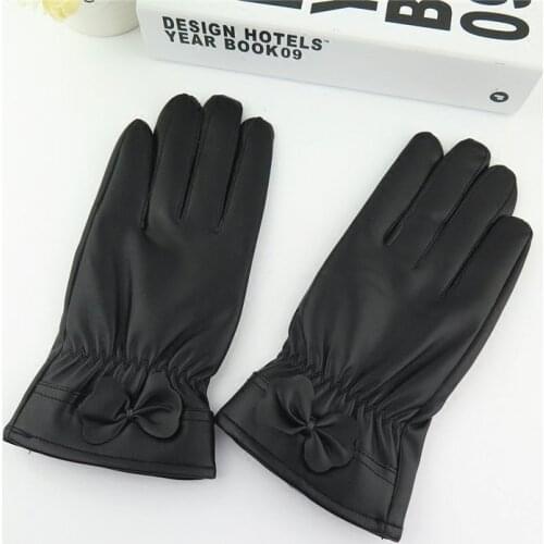 Autumn and winter womens thicken thermal black leather gloves female looply plus velvet bow leather gloves driving gloves