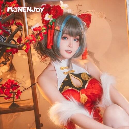 Monenjoy Azur Lane HMS Cheshire Cosplay Wig New Year Cheongsam Gray Highlights Blue Cos Hair