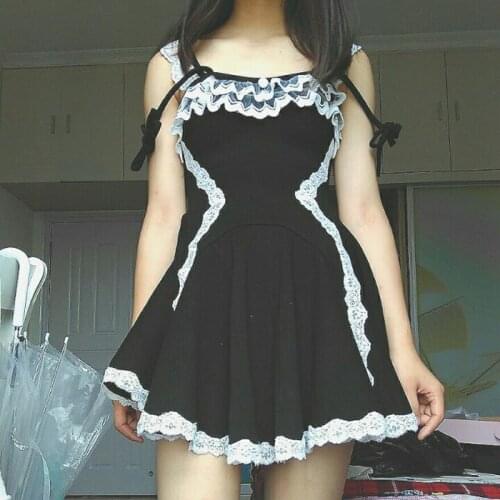 Daddy Kawaii Cosplay Lolita Girl Patchwork Lace Tie Strap Sling Mini Dress Sleep Night Club Summer High Waist Sexy Fashion Cute