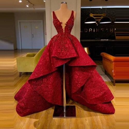 High Low Dress For Girls Beads Appliques Deep V-Neck Ruffles Tank Sleeves Evening Pageant Prom Gowns bestidos de fiesta