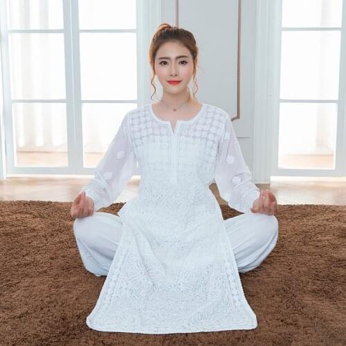 Dubai Casual WearYoga Wear Clothes Girls Long Pure Cotton Embroidery Thin Kurti And Pant pakistan India Kurtis