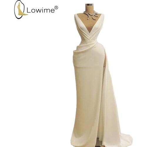 Simple Ivory V Neck Evening Dresses Ruched Split Sweep Train Formal Dress Mermaid Prom Party Dress 2020
