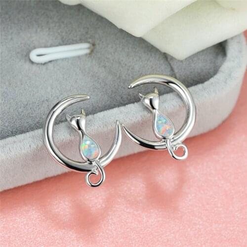 White Blue Opal Cute Small Cat Earrings Rose Gold Silver Color Moon Stud Earrings For Women Wedding Jewelry Boho Animal Earrings
