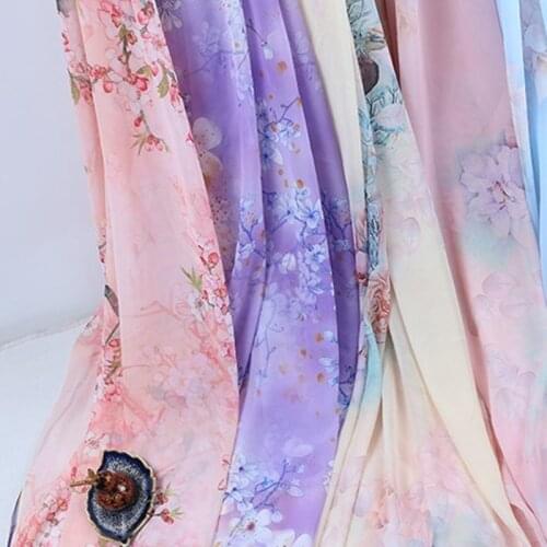 50D Peach rabbit clove Peony scenery printed chiffon fabric ancient dress skirt spring summer Chiffon scarves clothing fabric
