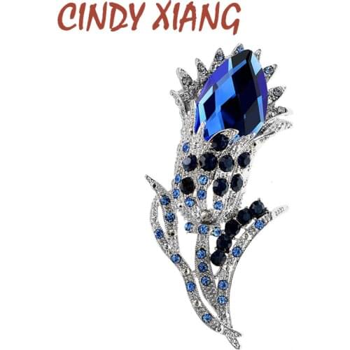 CINDY XIANG Rhinestone Blue Color Flower Brooch Vintgae Large Pin Brooches For Women Fashion Jewelry Lady Accessories