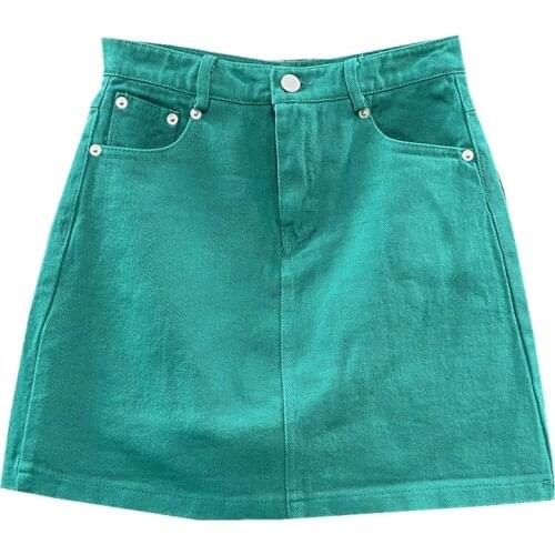 Korean womens 2021 new spring/summer high waist pocket hip skirt Candy-colored slim A denim skirt COTTON Casual