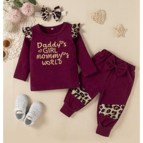 Kids Designer Clothing Leopard Print Stitching Letters Printing Flying Sleeves Bow Three-pieces Outfits Fall Clothes For Girls
