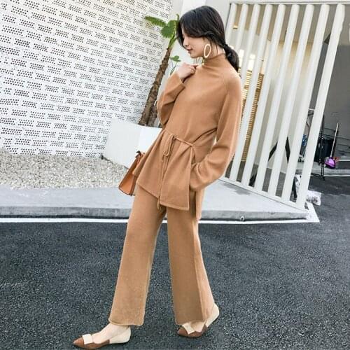 2020 New Fashion Winter Womens Thicken Warm Knitted Pullover Sweater Two-Piece Suits +High Waist Loose Wide Leg Pants Set
