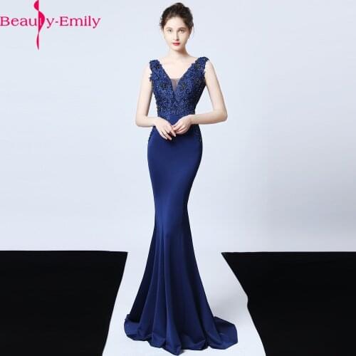 Beauty Emily Charming V Neck Lace Evening Dress Long 2020 Luxurious Appliques Zipper Back Green Mermaid Evening Dresses