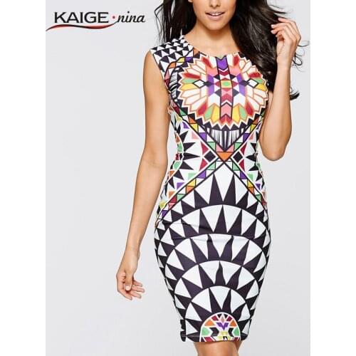 Kaige.Nina New Summer None Print Sleeveless Sheath O-Neck Natural Knee-Length Dress Sexy Casual 2249
