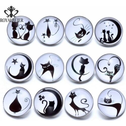 12pcs/lot Lovely Art Cat Theme Mixed Pattern Glass Charms 18mm Snap Button For 20mm Snap Bracelet DIY Snap Jewelry KZ0684c