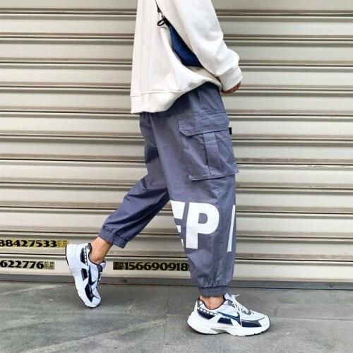 Spring/Summer Casual Trousers Letter Printing Cargo Pants Mens Loose Fashion Ankle-Tied Sports Student Jogging Cropped Pants