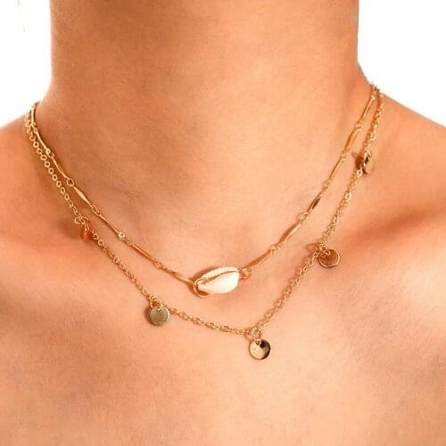 Fashion Double Layer Shell Coin Necklace Boho Twisted Chain Cowrie Round Sequins Choker Necklace Pendant On Neck Chain Jewelry