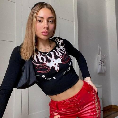 Gothic Black Cartoon Emo Print T-shirt Y2K Harajuku Punk Long Sleeve O Neck Cropped Tops Streetwear E Girl Autumn Tops