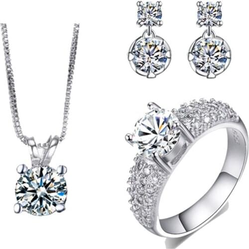 AAA Cubic Zirconia Necklace And Earring Set White Gold color Ring Sets Wedding Jewelry Set CZ Jewelry Bijoux ASM017