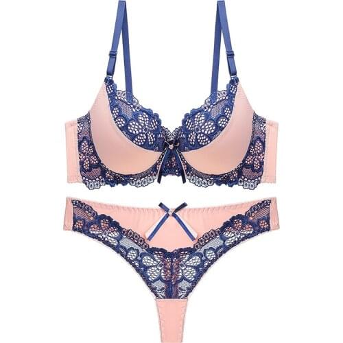 Underwear Women Set Push Up Bralette Sexy Lace Bra and Thong Panty Set Breathable Adjust Femme Brassiere Lingerie Set