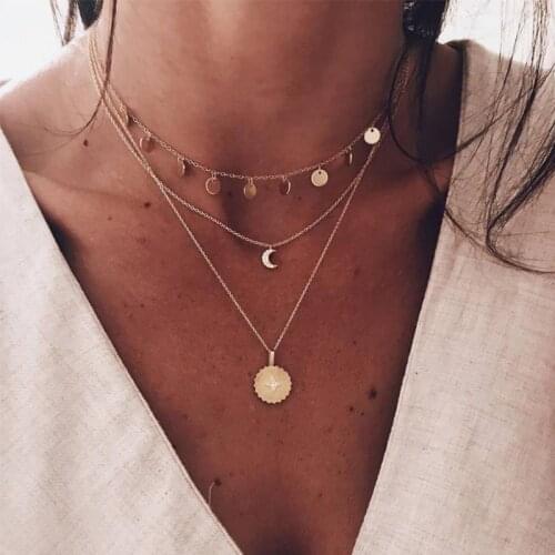 Creative Ornament with Retro Simple New Style Cool Inlaid Crystal Moon Sun Small round Pendant Multistory Necklace for Female