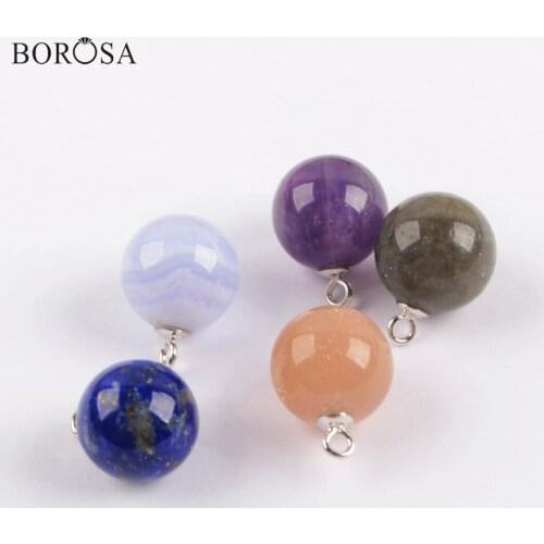 BOROSA Round Natural Gems Stones Pendant Beads for Necklace Earring 10mm Natural Agates Amethysts Charms Jewelry Findings WX1548