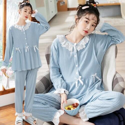 Lovely Cute Maternity Pajamas 2 Piece Set Lace Patchwork Breastfeeding Shirts+Adjustable Belly Pants Outfits Pregnant Sleepwear