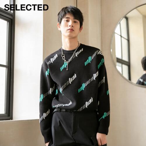 SELECTED 100% Cotton Contrast O-Neck Mens Diagonal Letters Drop-shoulder Sweater S|420424061