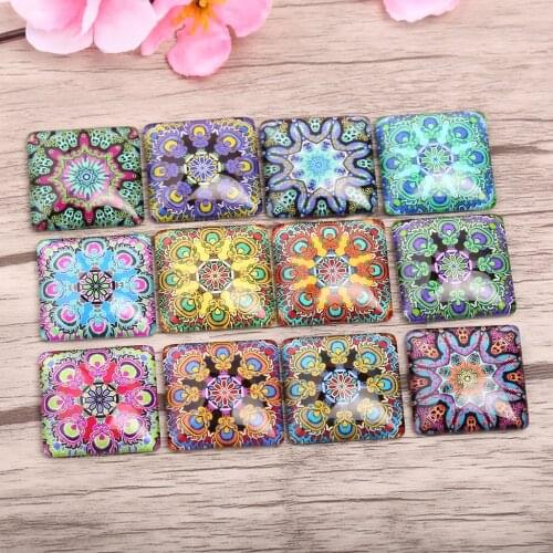 Reidgaller 20pcs Square glass cabochon 20mm 25mm mixed mandala photo flatback pendant jewelry cameo cabochons