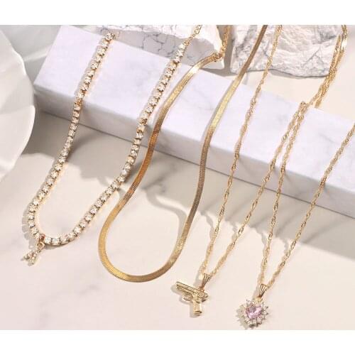 New Golden Multi-Layer Gun Heart Snake Chain Choker Necklace For Women Crystal Letter Tennis Chain Necklaces Trend Jewelry Gift