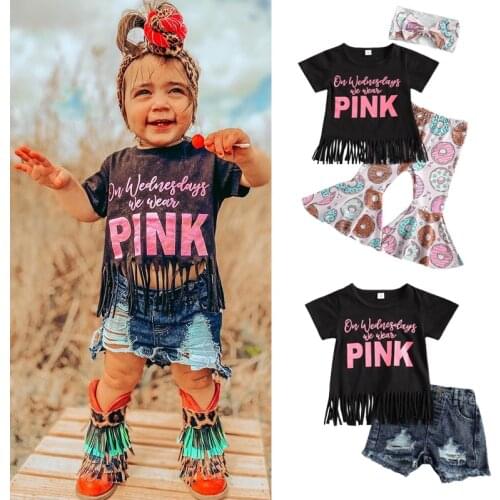 2-6Y Fashion Girls Summer Clothing Sets Tassel Letter Print Short Sleeve T-shirts+Donuts Print Flare Pants/Ripped Denim Shorts