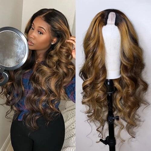 Long High 180% Density Glueless Wavy Ombre Highlight Blonde U Part Human Hair Wigs for Black Women Brazilian 1*4'' U Part Hair