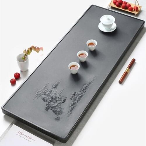 Weighted black stone tea tray master handmade carved invisible water draining holes outlet tea table serving tray 80cm