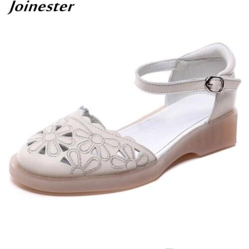 Women Genuine Leather Closed Toe Sandal Hollow Out Flat Heeled Ladies Sandals Ankle Strap Cover Heel Woman Summer Casual Flats