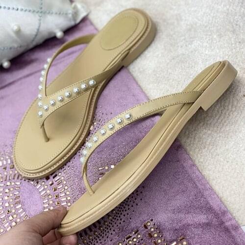 Luxury Brand Women 2021 New Summer Letters Slippers Womens Flip Flops Flat-bottomed Pearl Genuine Leather Casual Sandals