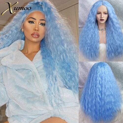 XUMOO Sky Blue Synthetic Lace Front Wig Glueless Heat Resistant Long Wavy Cosplay Party Lolita Wigs For Black Women
