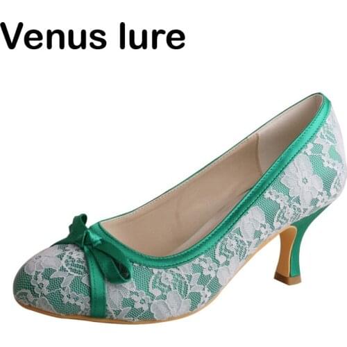 Green Shoes for Women Heels Lace and Satin Closed Toe Prom Court Pumps for Wedding