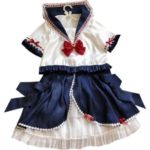 Japanese Sweet School Uniform Cosplay Dress Women Summer Soft Girl Kawaii Sailor Collar Lolita Teens Cute 2 piece Dresses 2020