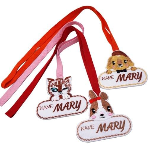 Custom Cartoon Dog Panda Animal Embroidery Patch Kids Name Anti-Lost Pendant Baby Kindergarten School Bag Lanyard