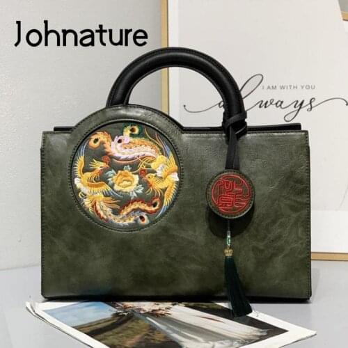 Johnature 2021 New Female Bag Chinese Style Retro Handmade Embroidery Handbag Large Capacity Women Leather Elegant Shoulder Bags