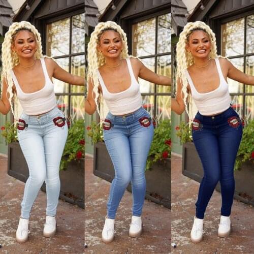 FNOCE 2020 new womens jeans pants fahsion trends sexy elegant lip print high waist tight stretch slim full denim pencil pants