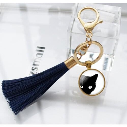 Women New Round Pendant Tray Car Keychain Lovers Keyring Glass Vintage Kitten Jewelry Black Cat Bag TasseKey Chain For Pet Gift